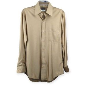 May Co Los Angeles Qiana Nylon Button Up Shirt Gold Beige 70s Vintage 15.5 32/33